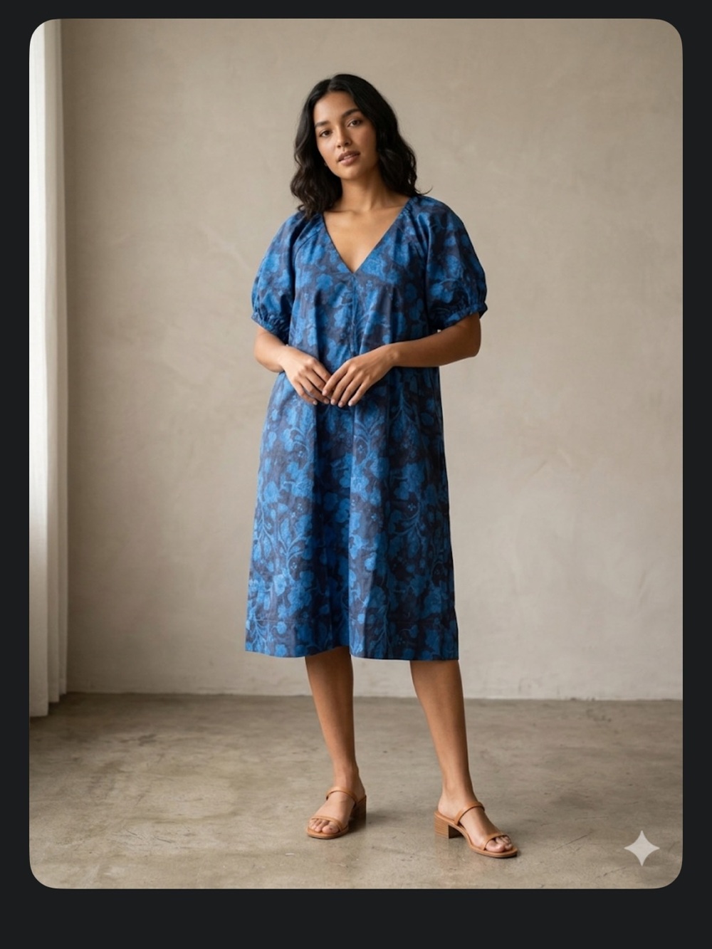 Peruvian Connection Indigo Floral V-Neck Puff Sleeve Midi Dress